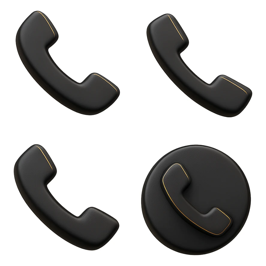 Create four variations of this phone icon in 3D Black style, each with different handset shapes, angles, and details. Emphasize depth, lighting, and a modern look. sticker