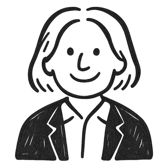 Man with white hair parted in the middle, black in color, shoulder-length, smiling, wearing a white shirt and a black jacket sticker