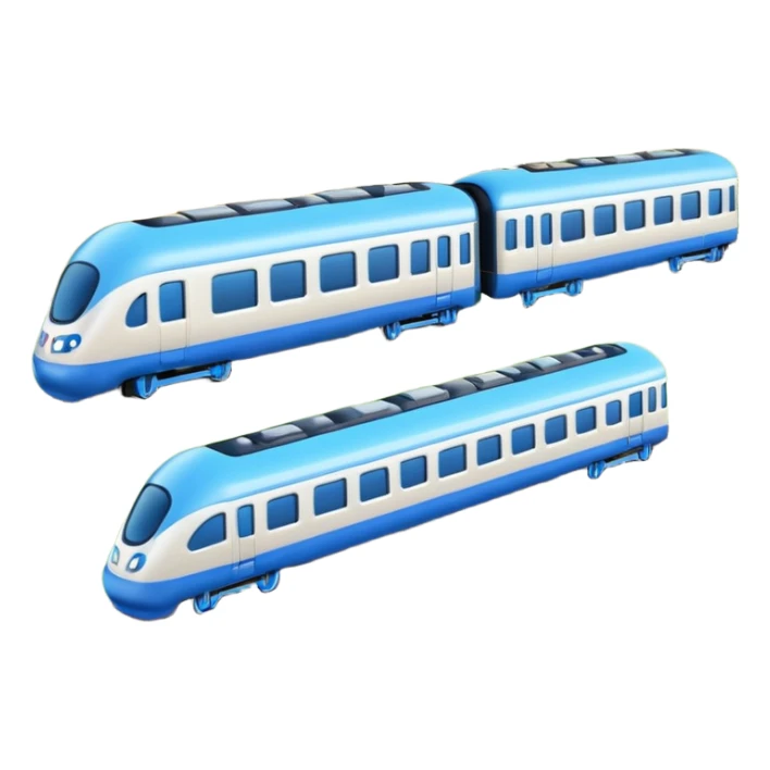 A 3D cartoon passenger train with blue carriages and visible windows, moving through countryside, Memoji-style. sticker