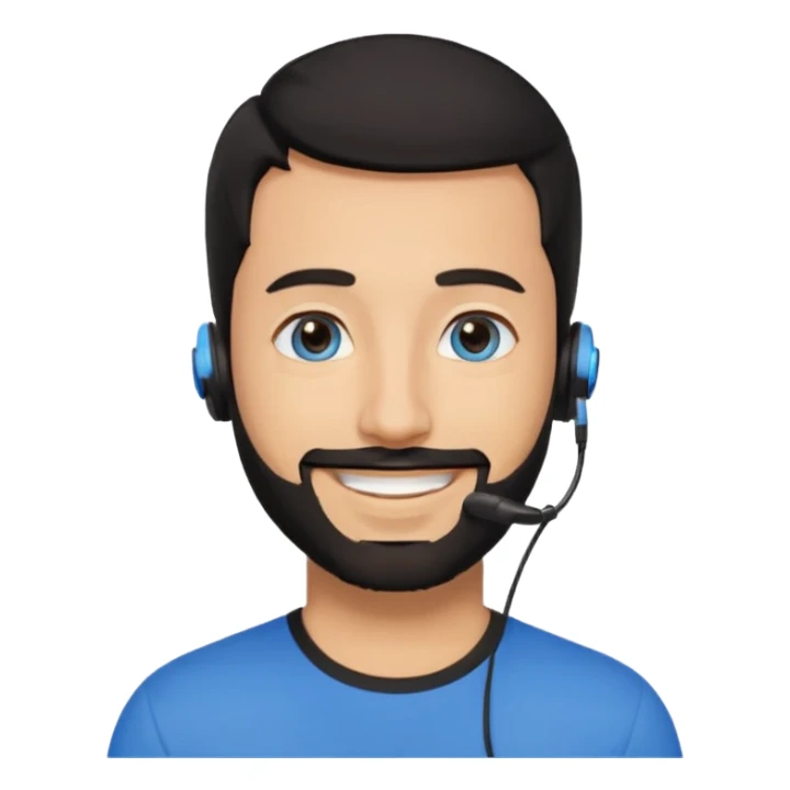 Man 30, black short hair, blue eyes and black short bears, on earpiece sticker