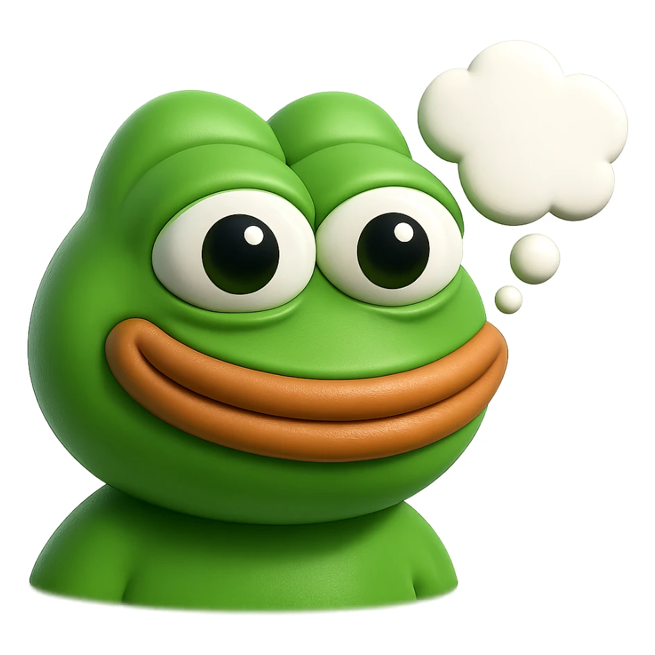 make a pepe in bright green smiling and looking straight at the camera with thought bubble looking at right right in 3d style, good highlights and shadows, drop shadows sticker