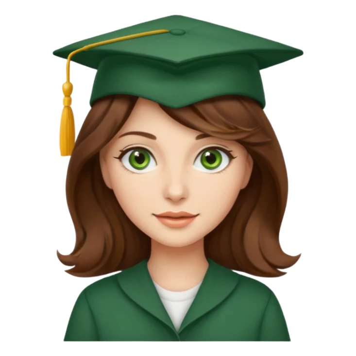 beautiful  woman with wavy brown hair and green eyes with school hat sticker