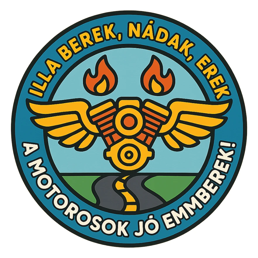 circular design for motorcycle cap, text 'Illa berek, nádak, erek, a motorosok jó emberek!', motorcycle motifs including motor, wings, flames, road, cheerful style sticker