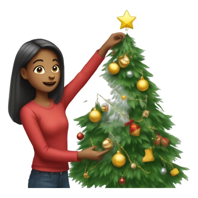 Girl putting decorations in the Christmas tree sticker