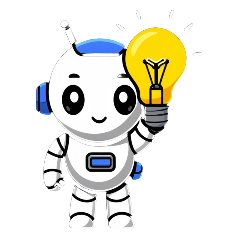 cartoon robot head with a glowing idea bulb, representing AI sticker