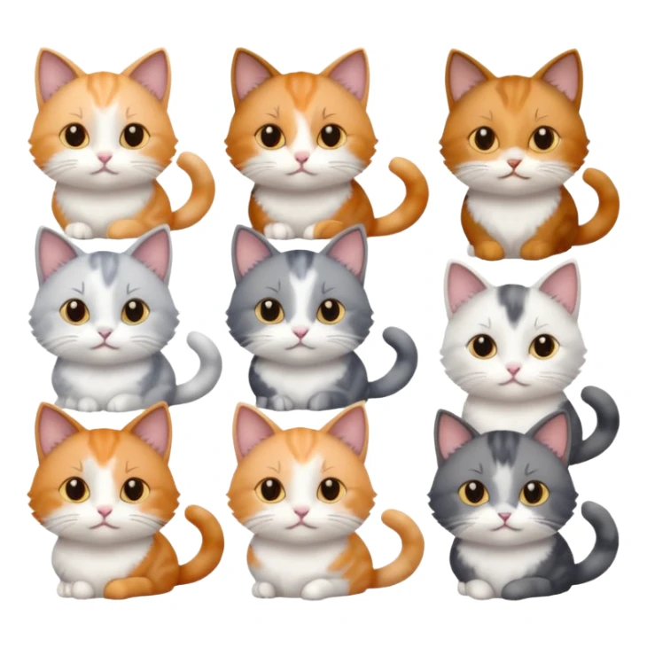 6 realistic looking cats with different natural coloured coats, assorted grey and white, greys, calico, brown and white colours etc
 sticker