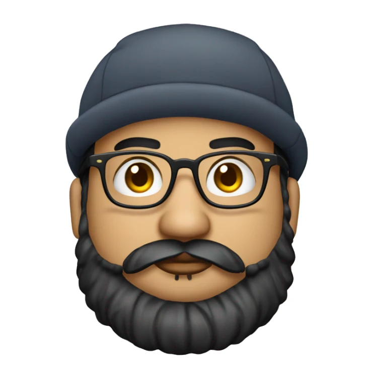 chubby venezuelan programmer with beard, glasses,  hat, airpods with tattoos sticker