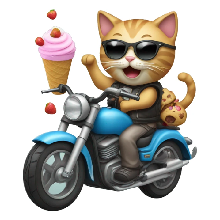 Cat riding motorcycle with sunglasses and icecream sticker