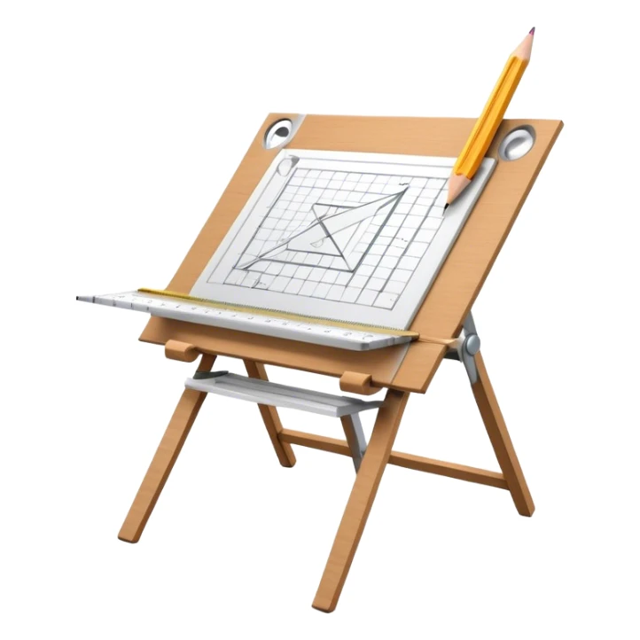 Sleek icon for Architecture: engineer's drawing board with 3D model of the building,  pencil, architect's easel, rulers and protractor. Transparent background. sticker