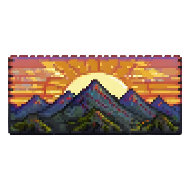 pixel art style banner with a sunrise over mountains sticker
