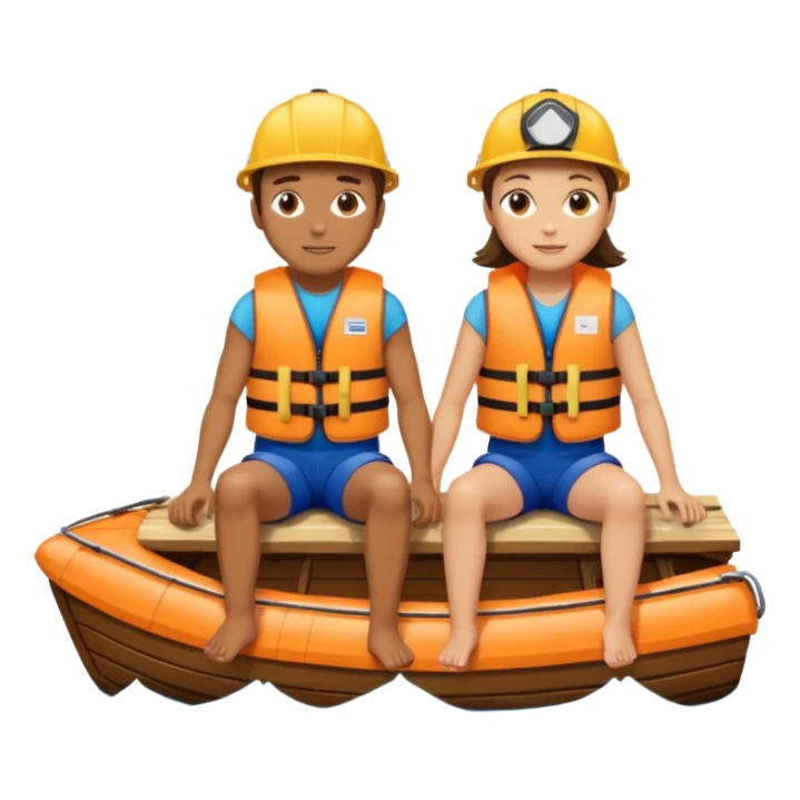 a boat upside down, with 2 people sitting on top trying to stay afloat. sticker
