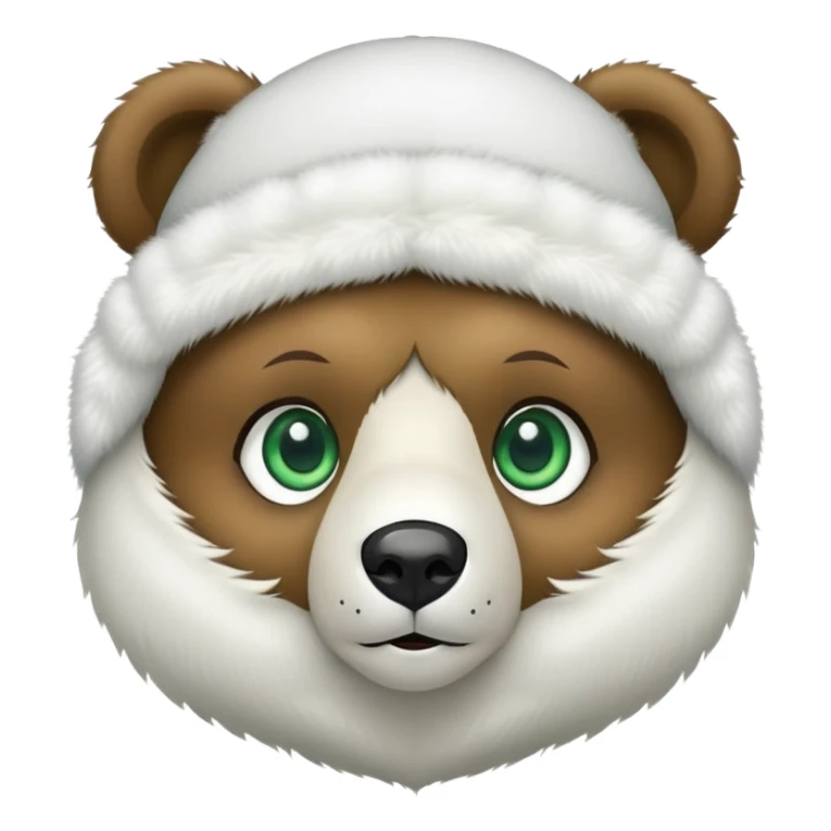 Adorable bear head with big green eyes and soft expression, wearing white fluffy ushanka with detailed Russian emblem in center, iOS emoji style sticker