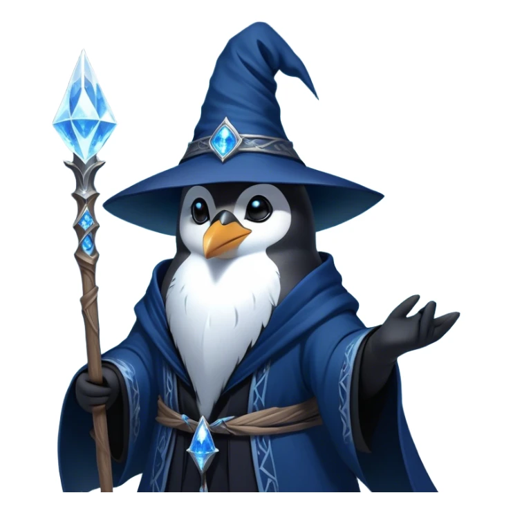 A mysterious penguin mage with sleek midnight-blue feathers, wearing a flowing black robe adorned with silver runes. A tall, pointed wizard hat sits slightly tilted on his head, the brim casting a shadow over his glowing icy-blue eyes. His flipper clutches an ancient wooden staff topped with a swirling crystal, radiating a soft, cold light. Snowflakes drift around him as he stands on a frozen cliff, his aura crackling with arcane energy, ready to summon a blizzard with a flick of his staff. sticker