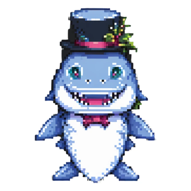 pixel art shark, fancy tophat, smiling sticker