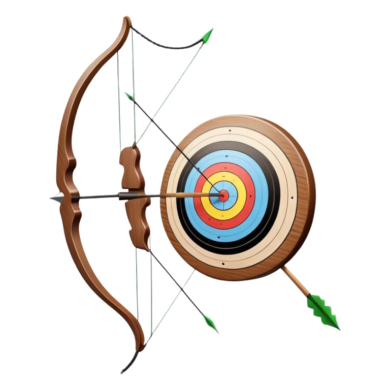 A professional recurve bow with an arrow nocked, ready to be released. The target features concentric rings, placed at a distance. The emphasis is on the bow, arrow, and target, highlighting the precision, focus, and skill involved in competitive archery. sticker
