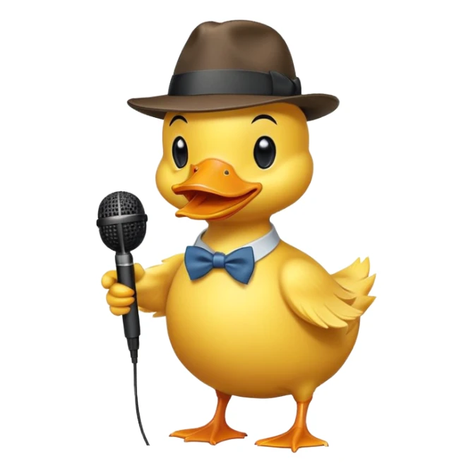duck wearing a fedora, holding a microphone, stand-up comedian pose sticker