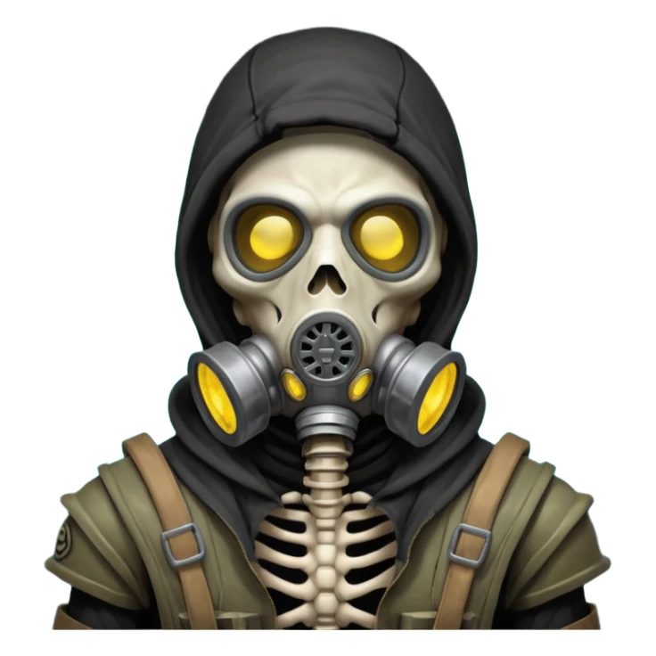 skeleton wearing a gas mask portrait, head and shoulders only, visible rib cage bones, cracked skull, dark hood, glowing eyes inside the mask, post-apocalyptic vibe, dramatic lighting, 3D cartoon, mobile game icon style, clean background, no text, no watermark
 sticker