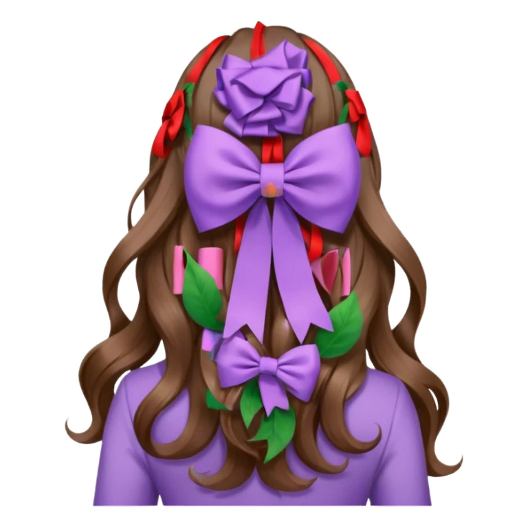long wavy brown hair from behind with a medium lilac bow sticker