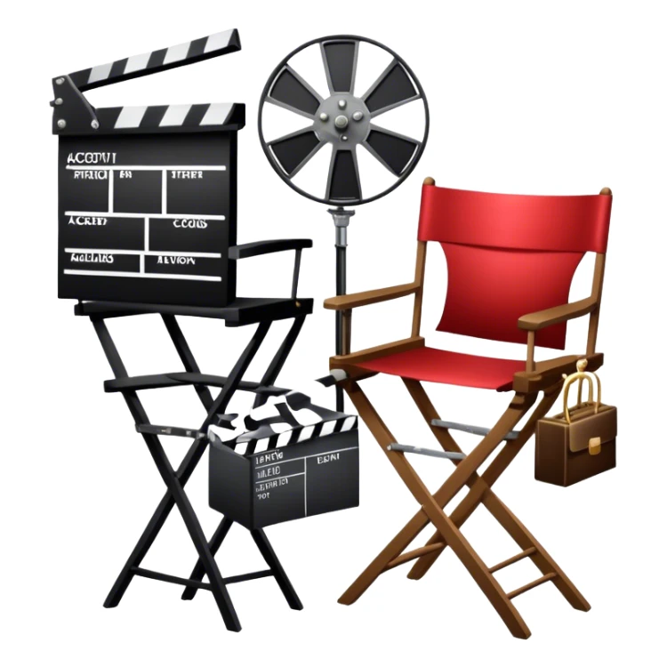 Icon for Acting: a theatrical mask, stage lights, a director’s chair, a script, a movie camera and a clapperboard, representing the craft of acting in theater and film. Famous actor-star. The design should reflect creativity, performance, and storytelling. Transparent background. sticker