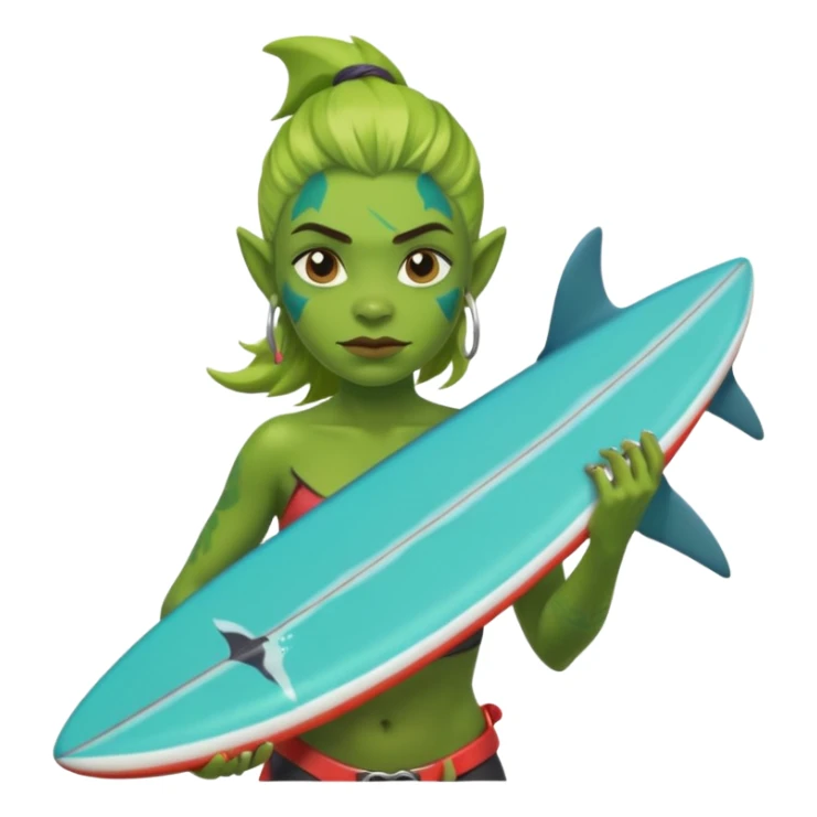 orc female holds a little surfboard with a shark painted vertically in his hands sticker
