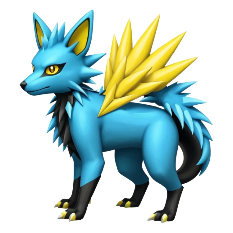 Shiny badass cool edgy spikey fluffy realistic cyan yellow white electric complex futuristic Zeraora-Luxray-Electrike-Umbreon-Manectric-Weregarurumon-fusion-creature (full body) (4 legs) sticker
