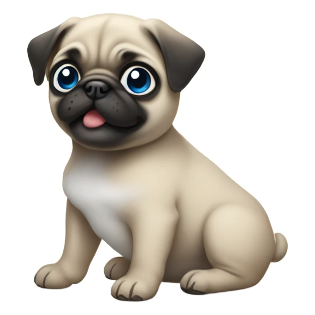 Baby pug with big blue eyes chewing a slipper sticker