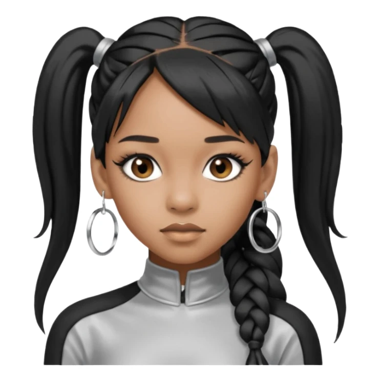 Left Eye from TLC with long black ponytail hair, silver outfit sticker