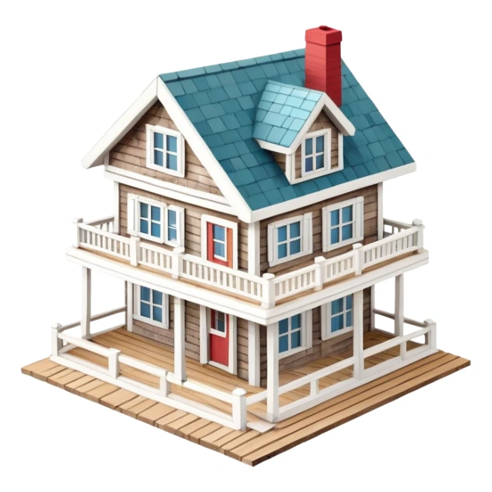 Maine coastal house, isometric dollhouse-style, realistic sticker