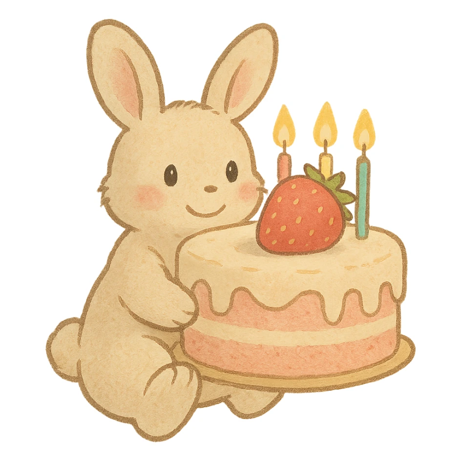 cute bunny holding a big strawberry birthday cake with candles, soft pastel colors sticker