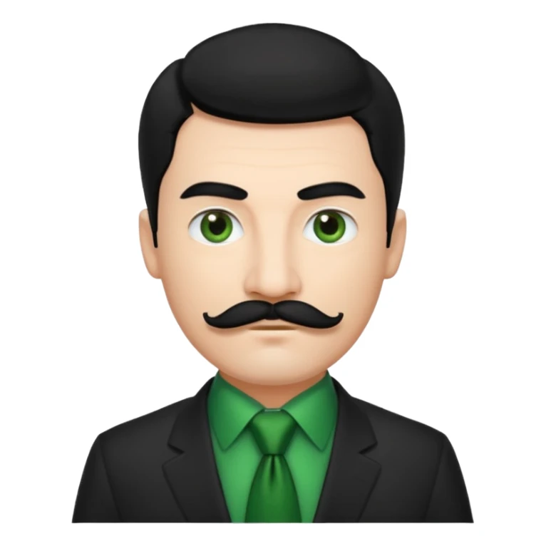 ["Fair-skinned man with black hair and a moustache, wearing a dark suit and green tie."] sticker