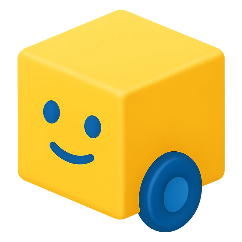 yellow cube with blue eyes, blue mouth, and blue wheel matching the eyes, colorful icon style sticker