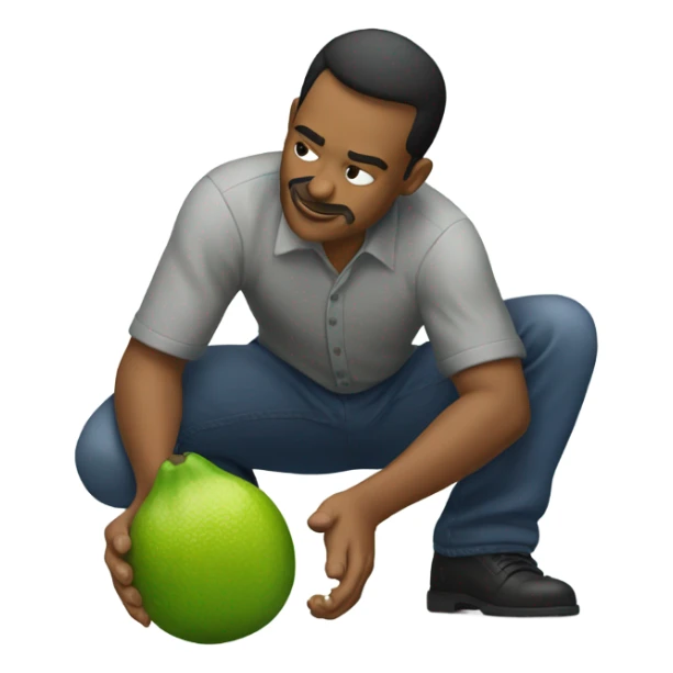 The same man bending down to pick up fallen limes on the floor . sticker