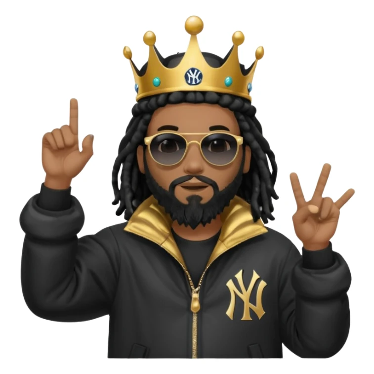 African American man with shoulder length black dreadlocks with black beard wearing black sunglasses wearing Crown on his head wearing a black bubble m New York Yankees logo winter coat pointing at himself sticker