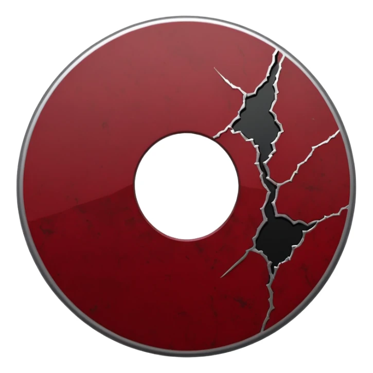 Minimalist emoji-style sticker of a single CD with a sharp crack and a dried blood spot. View from above, black, gray, and muted red.
 sticker