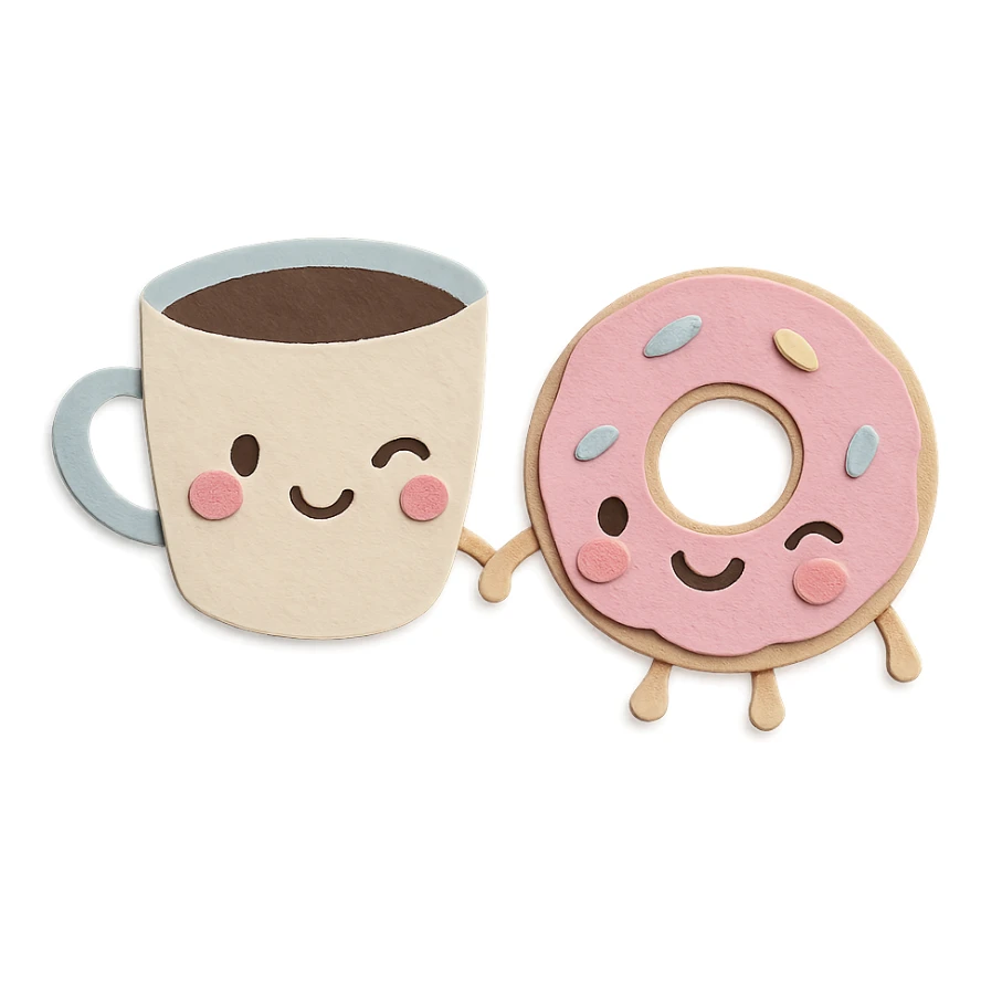 cute coffee cup and donut holding hands, winking, soft pastel kawaii style, transparent background sticker
