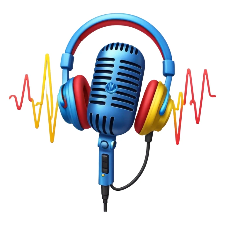 Create a dynamic and energetic emoji that represents beatboxing. The design should feature a microphone with soundwaves or rhythmic beats emanating from it, symbolizing the vocal percussion and rhythm of beatboxing. Add subtle elements like headphones or a beat pattern to reflect the technicality and creativity involved. Use bold, vibrant colors like neon blue, red, and yellow to convey the energy and street culture of beatboxing. The background should be transparent. sticker