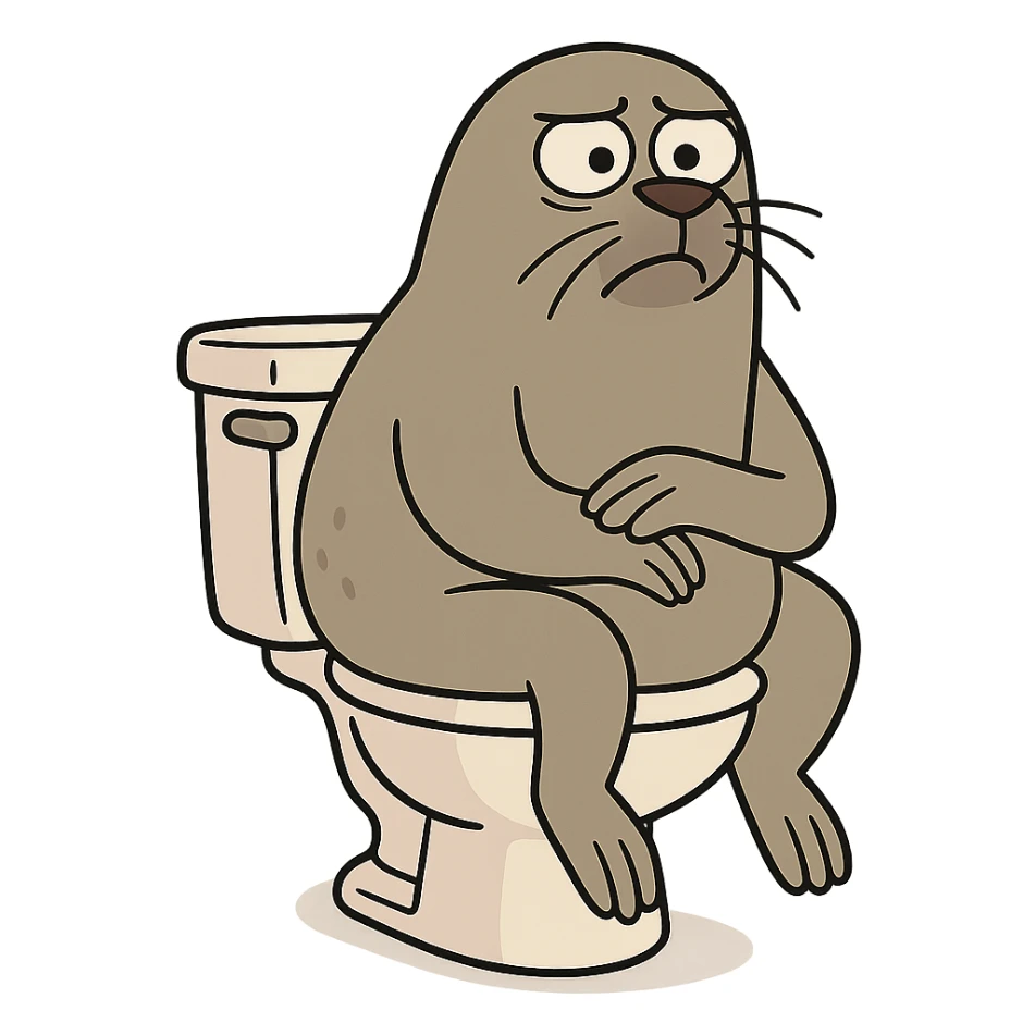 seal sitting on a toilet in flat toon style sticker