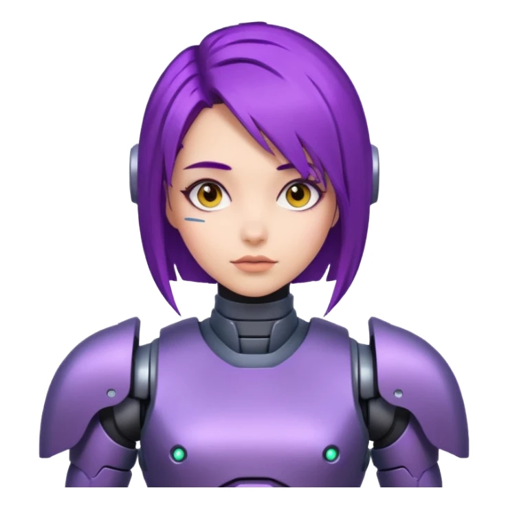 A woman with purple hair and a robot armor sticker