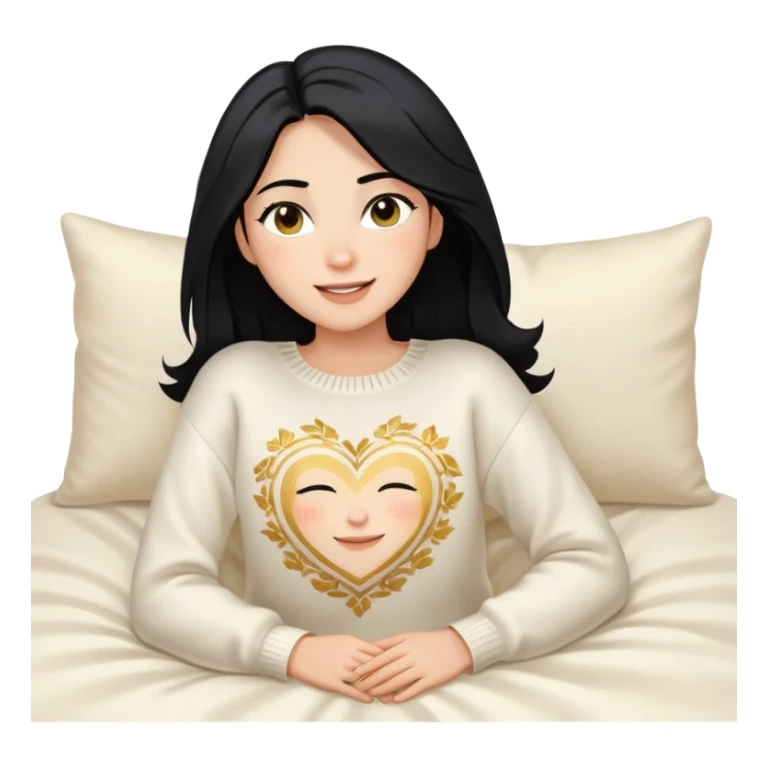 A woman with shoulder-length black hair, light to medium skin tone, full cheeks, and almond-shaped eyes, wearing a white sweater with gold design, lying comfortably on a bed with soft lighting, joyful and radiant expression. sticker