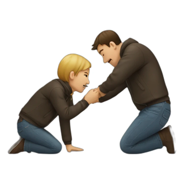 one person sitting sniffs another person's belt sticker