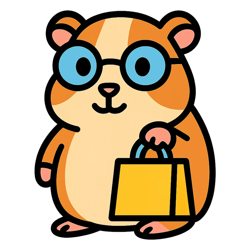 studious guinea pig with glasses holding a shopping bag, cute outlined colorful style sticker