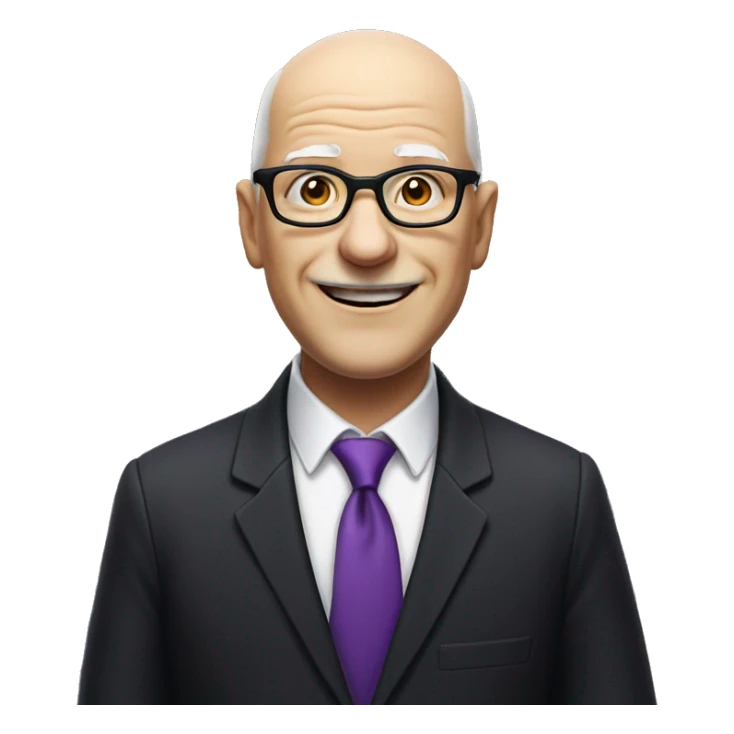 white, bald old man wearing a black suit with a purple tie and glasses, with no mustache, smiling with teeth, standing back sticker
