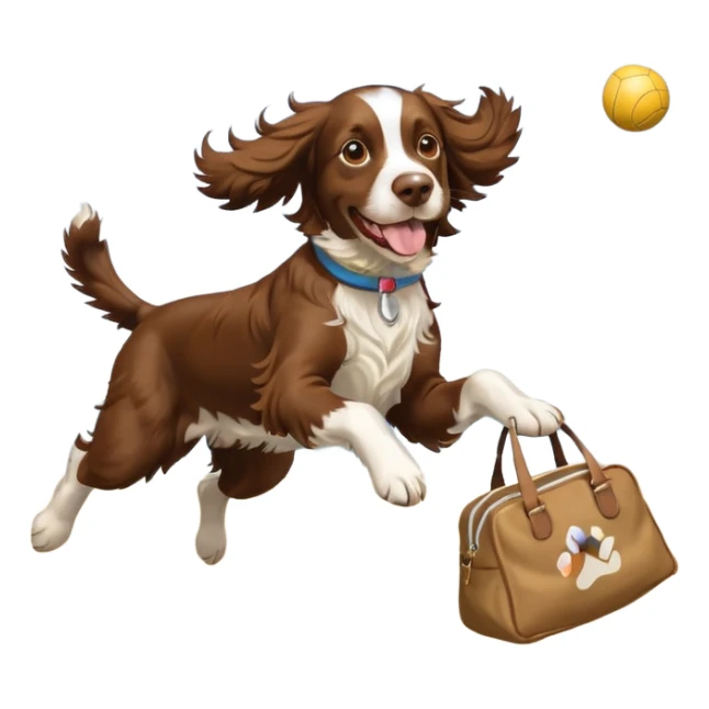 brown English springer spaniel jumping for joy on a Northumberland beach with a bag of balls sticker