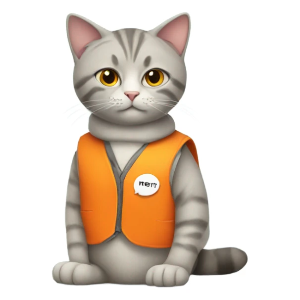 cat with a sign and an orange vest sticker