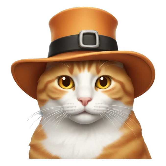 An orange and white cat wearing a pilgrim hat sticker