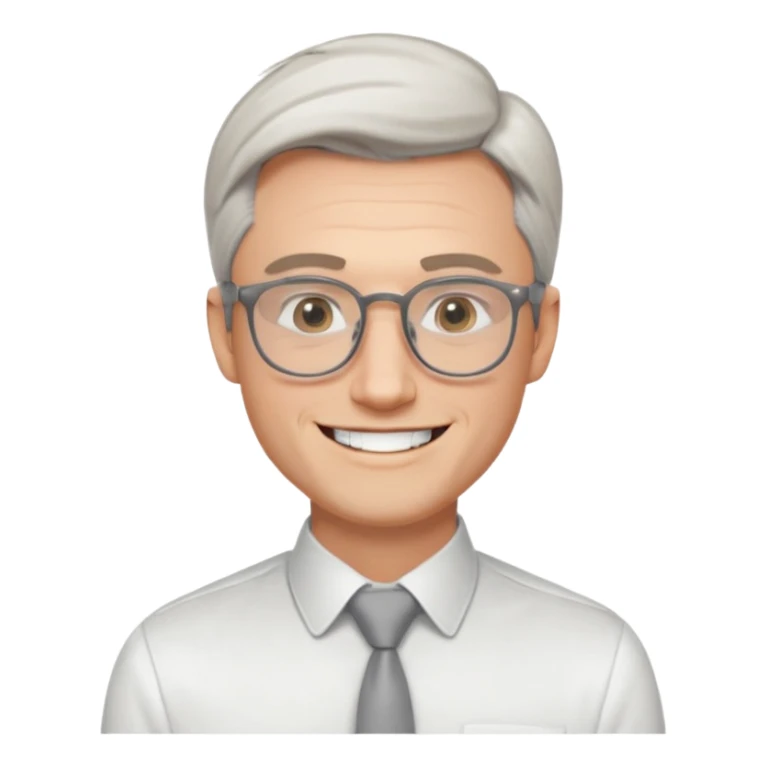 30 yr old pale white man, white/grey side swept stylish hair, round glasses, big smile, white teeth, handsome, longer hair, thin glasses, white dress shirt, smooth forehead, botox, no tie sticker