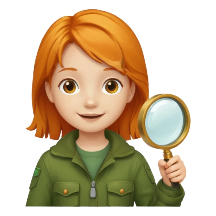 braid orange haired girl kid in moss green explorer outfit, holding magnifying glass, smile sticker