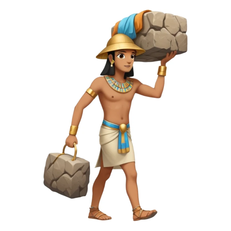 fullbody ancient Egyptian worker carrying a large rock block on their back, no fancy hat sticker