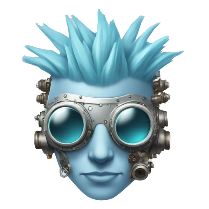 Pastel blue Mohawk cyborg head with silver steampunk goggles, goatee and circuits sticker