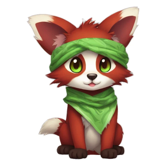 Cute, Chibi, Kemono-style, Anthro, Fur-Sona, Dark-Red, RedPanda-Mouse-hybrid-Transformice-Fakémon, with a green bandana, full body sticker